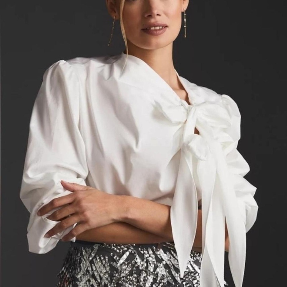 Anthropologie White Bow Blouse